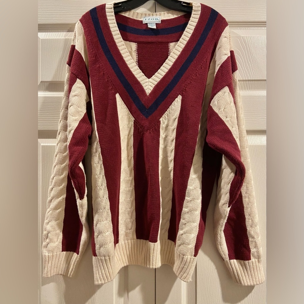 Vtg 90s Izod Cable Knit Sweater Men's L V-Neck Burgundy Oversized Preppy Tennis